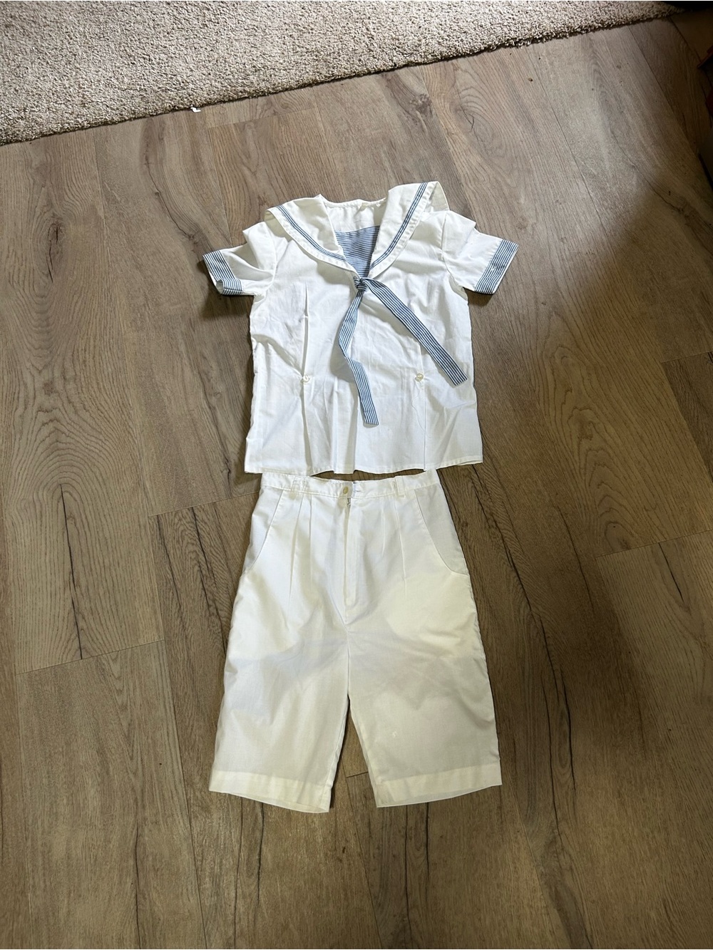 White Sailor-Style Top and Shorts Set with Blue Trim